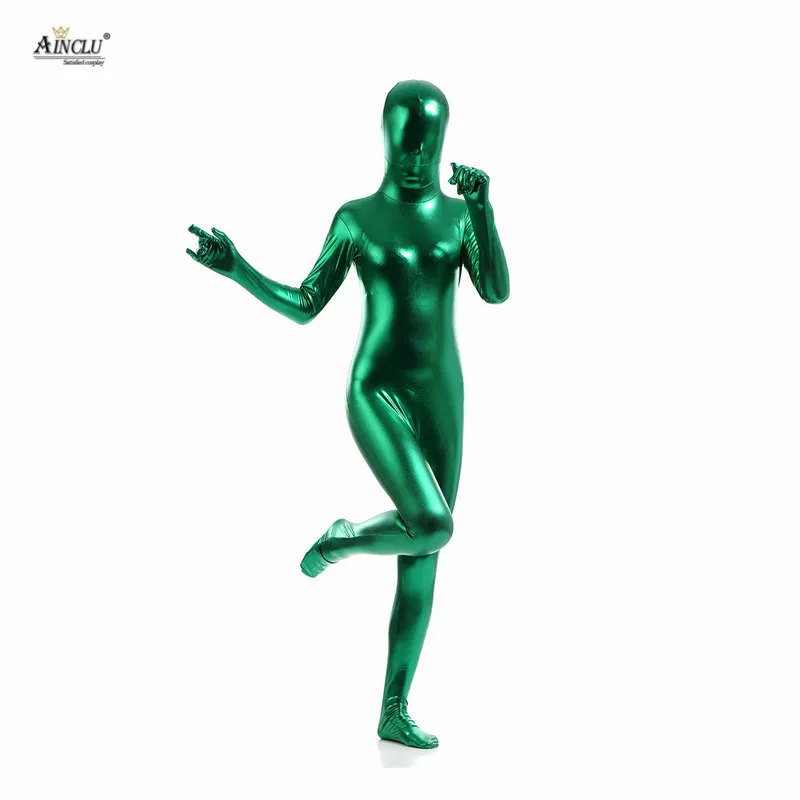 Ainclu полноразмерный зеленый клей металлик Zentai для хеллоуина Блестящий спандекс с