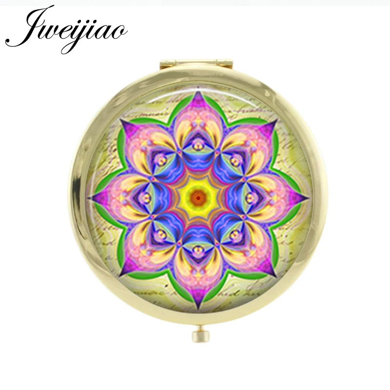

JWEIJIAO Mandala Flower Glass Cabochon Pocket Mirror Gold Plated Metal Portable Compact Floding Women Makeup Vanity Mirrors