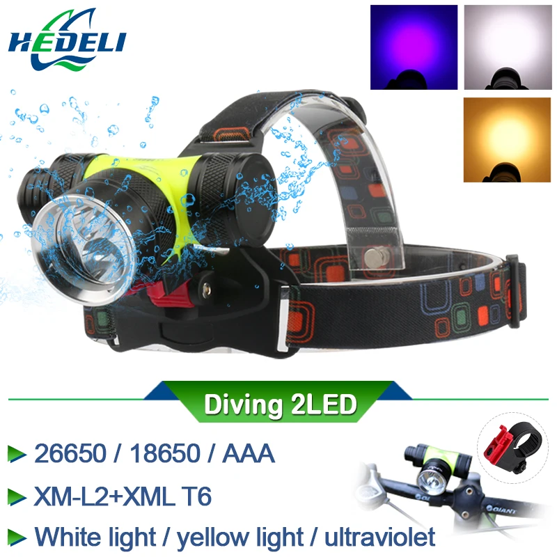 Dual light source Yellow white head lamp diving xml t6 l2 headlamp 18650 fishing waterproof torch led headlight | Лампы и освещение