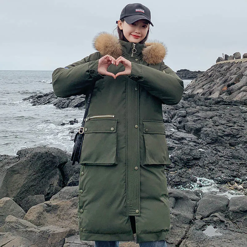 25 градусов, зимняя куртка X-long parkas, пальто для женщин, утолщенная, теплая, большой меховой воротник, куртка, пальто, повседневная женская зимняя верхняя одежда из синтепона, парки - Цвет: Армейский зеленый