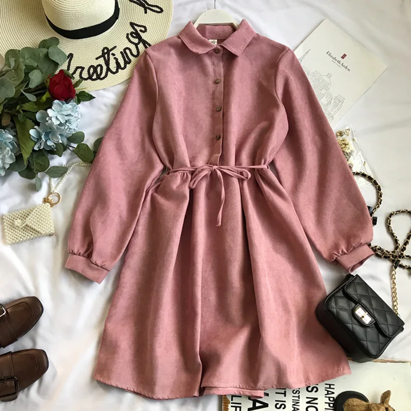 

2020 Spring autumn Korean version New Lantern Sleeve Vintage Dress High Waist Woman Belt Single Breasted Midi Dresses cc450
