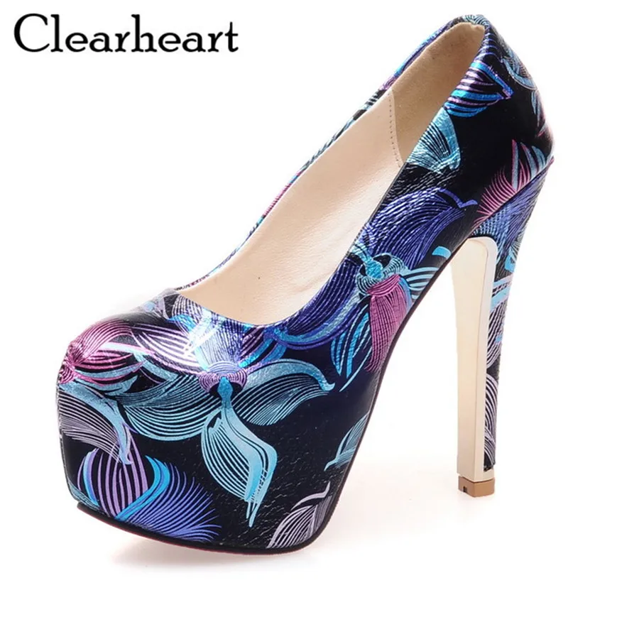 Rretro круглый носок печать женщины туфли на высоком каблуке новинка высокие