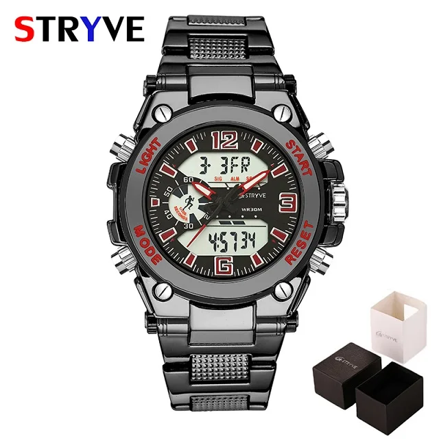 Black Red STRYVE спортивные часы для мужчин модные золотые большой циферблат Мужские s часы 30 м водонепроницаемый Военная Дата Двойной дисплей наручные часы Relogio Masculino - Цвет: Black Red