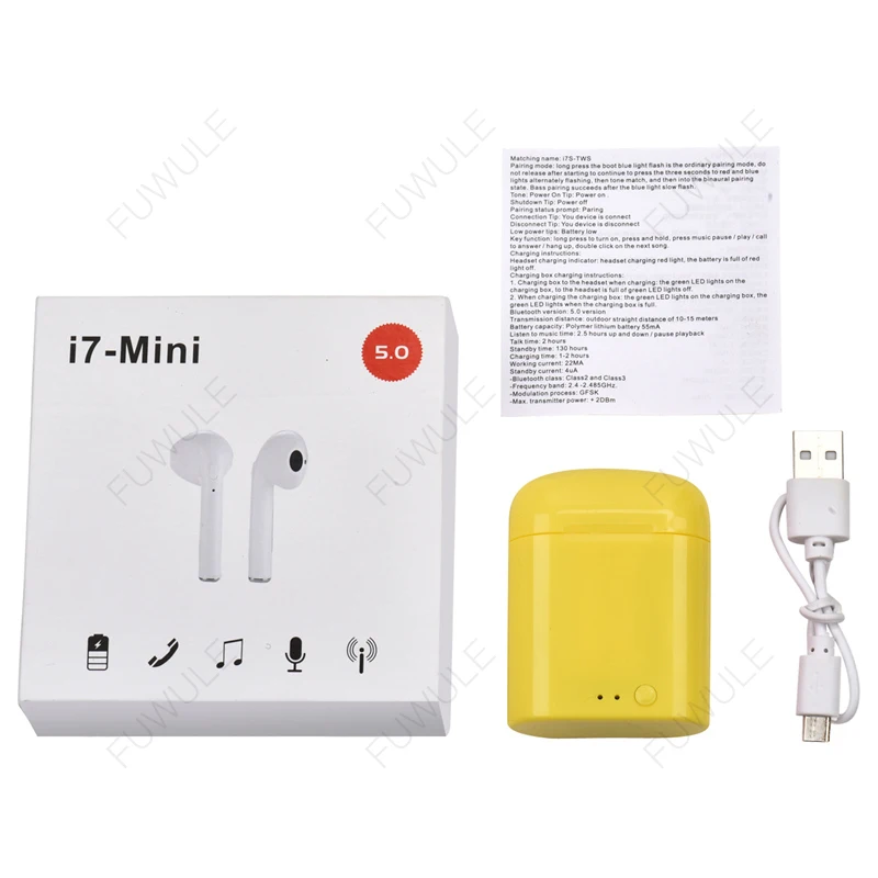 Yellow Original Box I7 Mini TWS, беспроводные Bluetooth 5,0 наушники, всплывающие двойные наушники с зарядным устройством, микрофон, Спортивная гарнитура для телефона xiaomi huawei - Цвет: Yellow Original Box