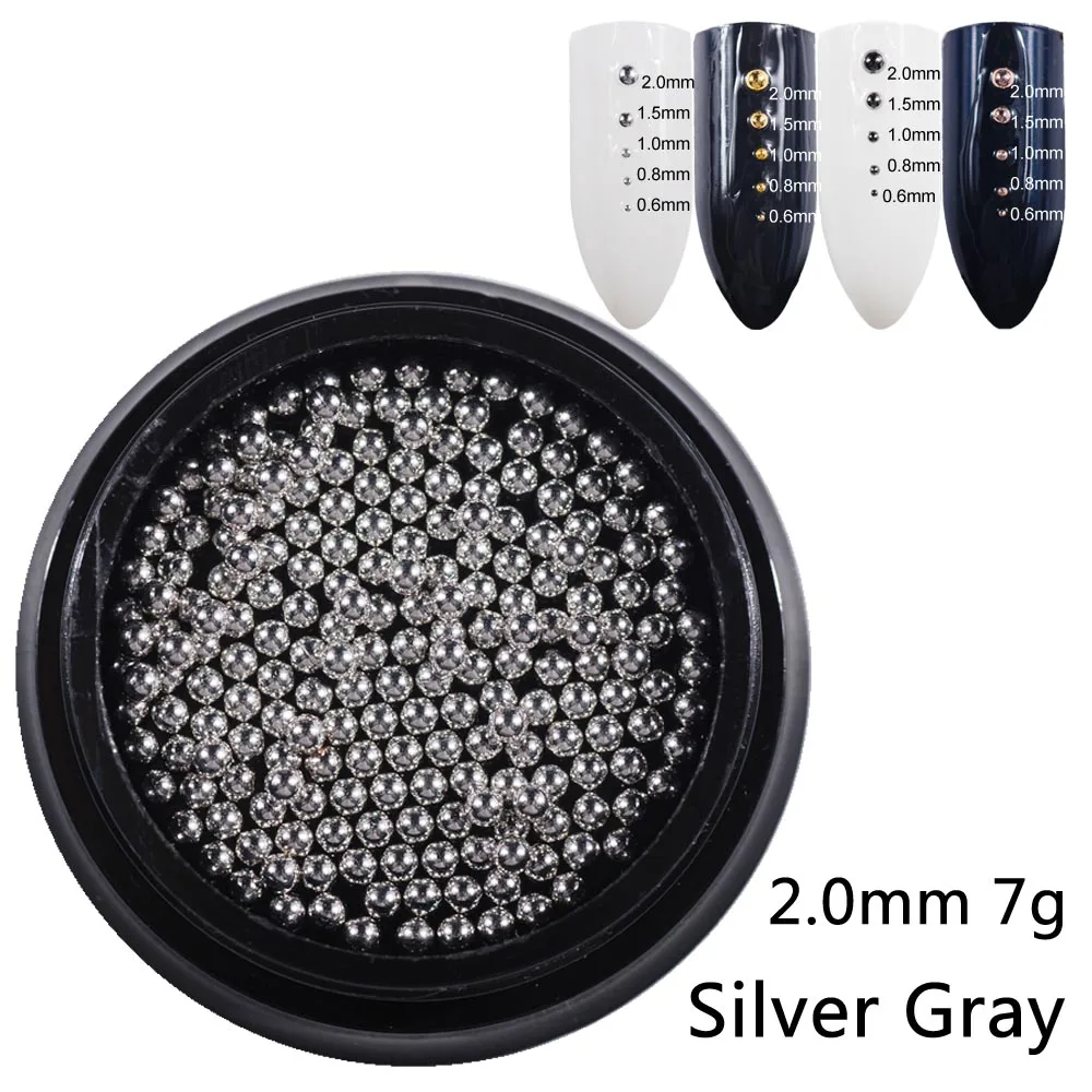 2.0mm silver grey 7g 0,6 мм-2,0 мм микро бусины из нержавеющей стали 3D мини-дизайн ногтей металлические бусины икры розовое золото серебро серый гвоздь шпильки для маникюра - Цвет: 2.0mm silver grey 7g