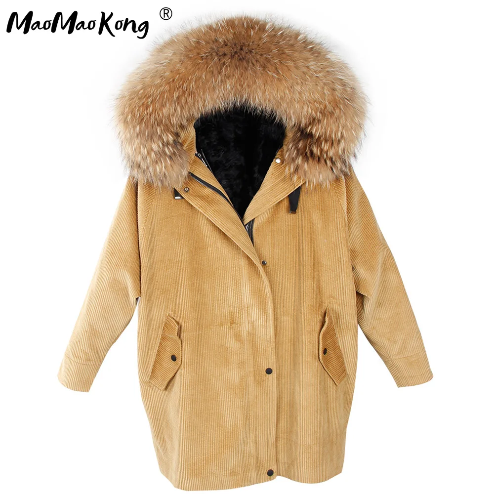 MaoMaoKong Long Corduroy winter faux fur lining jacket coat Women parka fur coat Corduroy real raccoon fur collar warm parkas