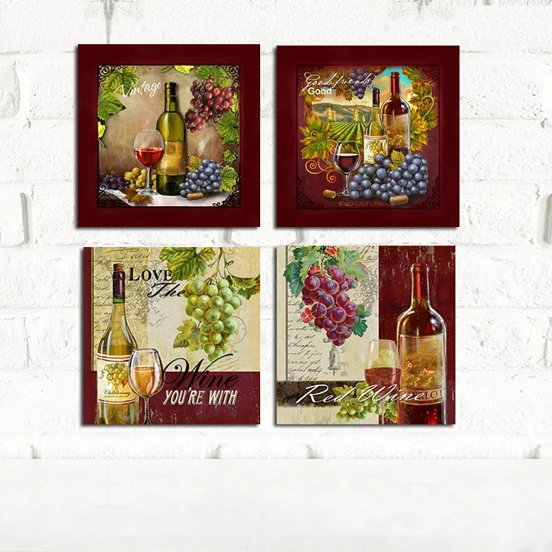 4 Piece Modern Kitchen Grape Red Wine Cup Bottle Canvas Paintings Wall Art Set Bar Dinning Decor Picture for Living Room | Дом и сад