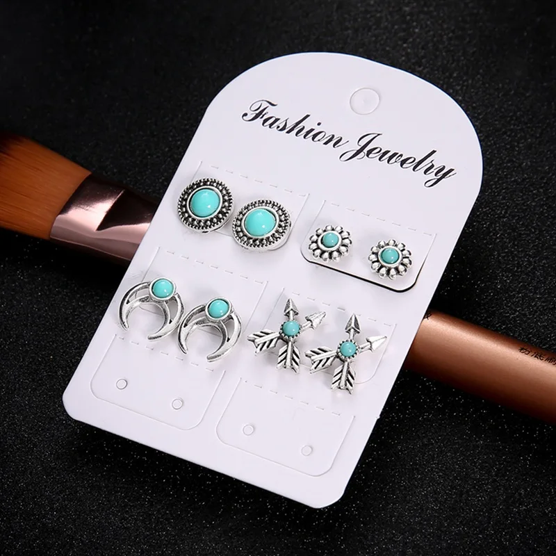 8Pcs/Set Of Bohemian Retro Totem Pine Earrings National Wind Round Bow And Arrow Flowers Half Moon Female Jewelry | Украшения и