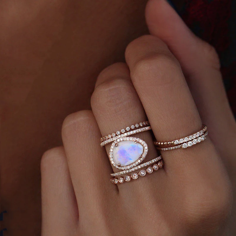 3 Colors Vintage Moonstone Women Ring Crystal Big Stone Wedding Engagement Rings H Shape New Antique Statement Girl Jewelry | Украшения и