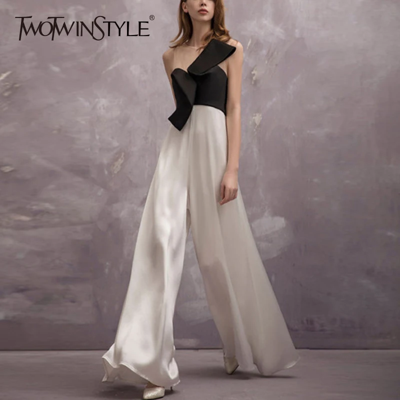 TWOTWINSTYLE Bowknot Jumpsuits For Women Sleeveless Patchwork Irregular Maxi Wide Leg Pants 2019 Summer Large Size OL Clothing | Женская