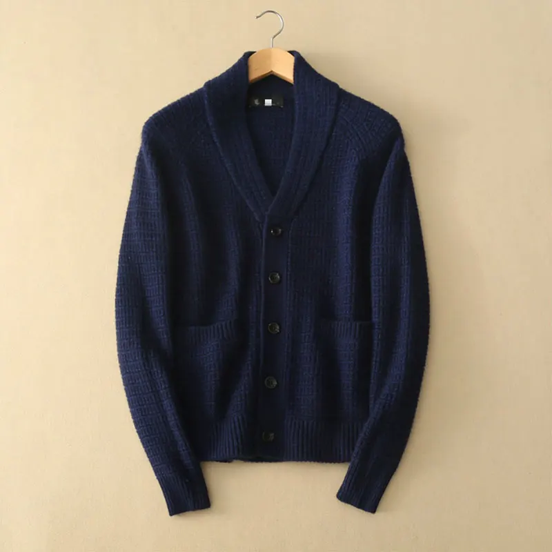 Navy Blue Мужской толстый свитер пальто чистый кашемир вязаный отложной воротник однобортный мужской зима/осень верхняя одежда свитера - Цвет: Navy Blue