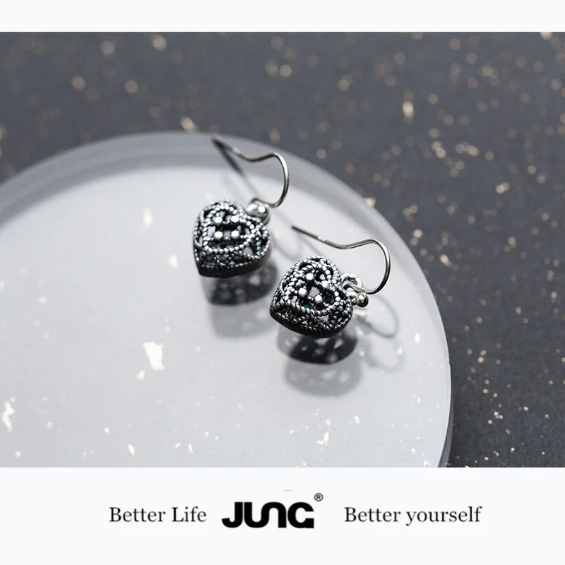 JUNG 2018 Ethnic Folk Style Hollow Love Heart Vintage Thai Silver Drop Earrings 925 Sterling For Women Jewelry E8023 | Украшения и