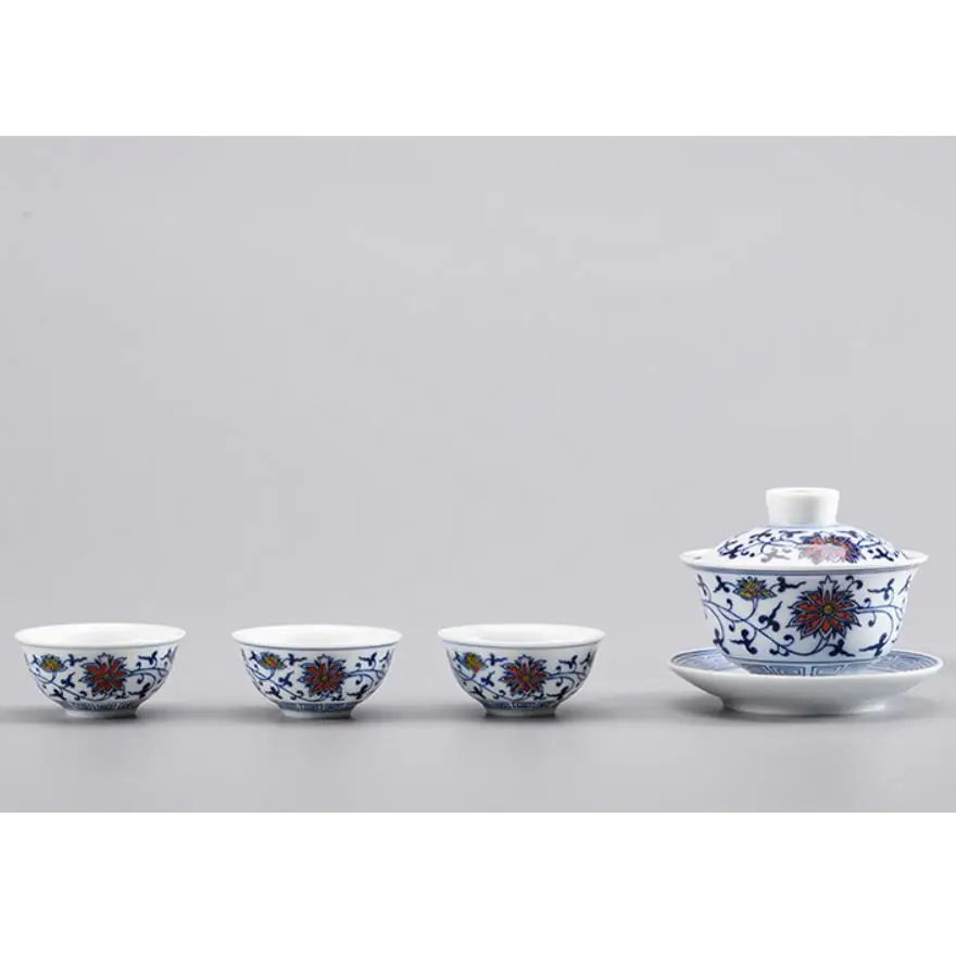 &quotKing Tea Mall&quot синий и белый фарфор Twining Lotus Gaiwan для китайского чая Gongfu Chadao чайные