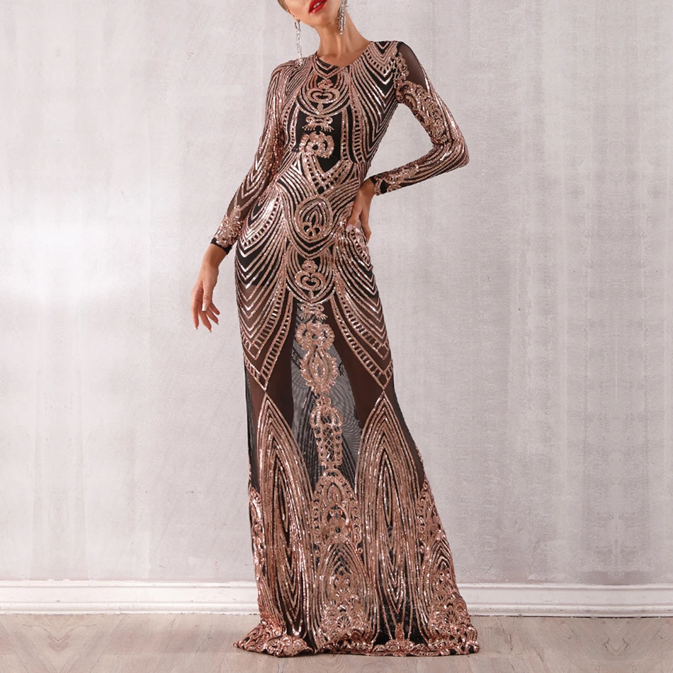 Женское платье с круглым вырезом Liser Золотое облегающее блестками для вечеринки