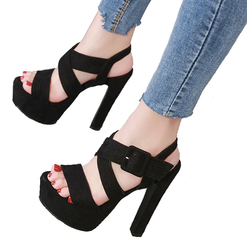 Женские летние босоножки модные черные туфли для стриптиза на высоком каблуке 15