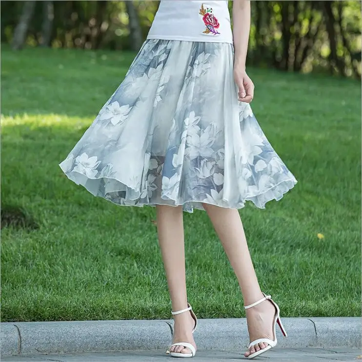 Женская шифоновая юбка с цветочным принтом повседневная одежда эластичной