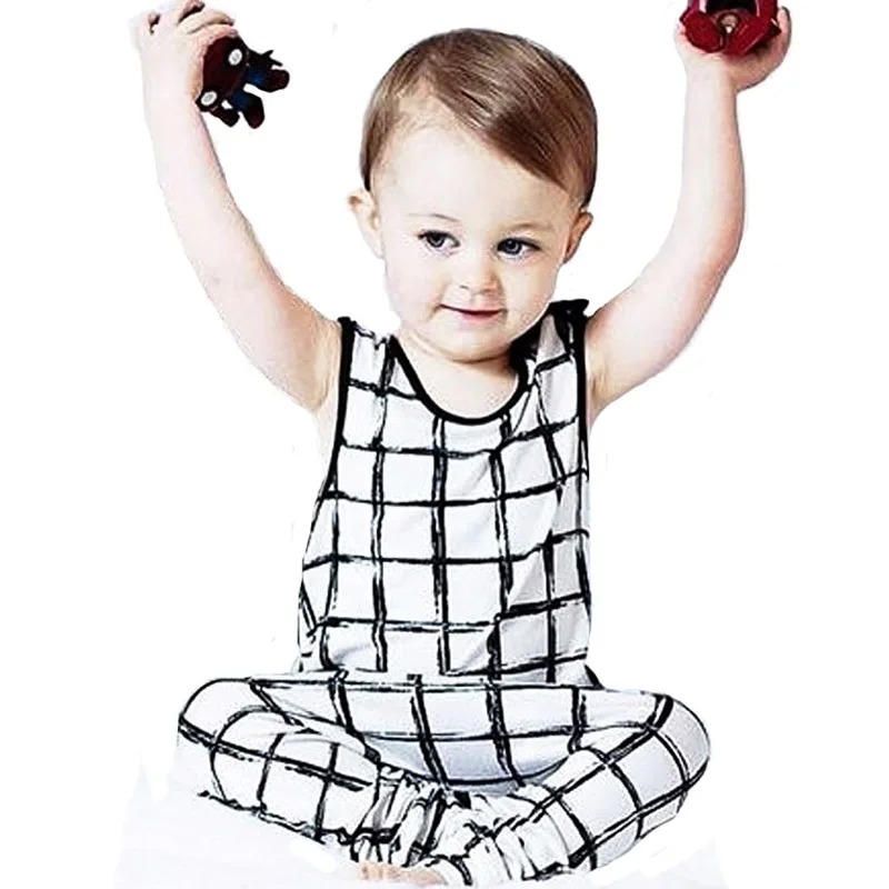 

SOSOCOER Boy Girl Clothing Sets 2017 New Summer Plaid Sleeveless T-shirt+Pants 2pcs Kids Clothing Set Grid Pattern Baby Clothes