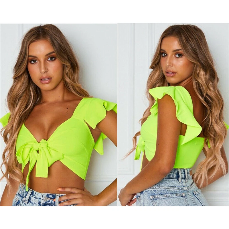 Пикантные Для женщин рубашка сплошной бабочка на шею Front Crop Top рюшами пляжная