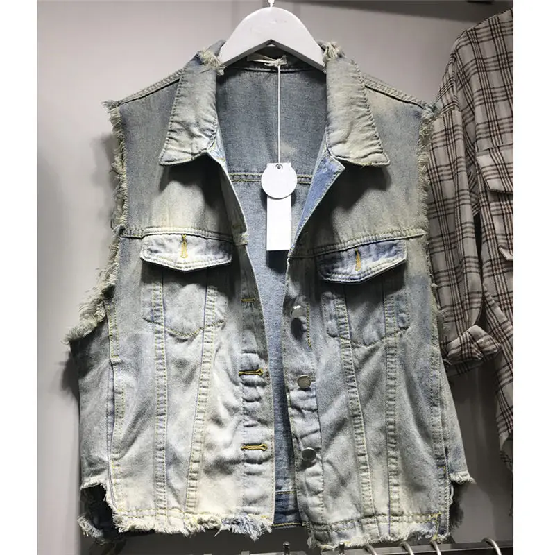 Женский джинсовый жилет с дырками винтажная свободная короткая джинсовая куртка
