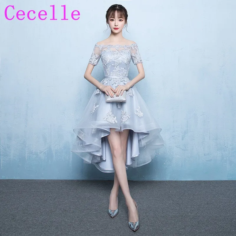 Дешевые серебряные Высокий Низкий с плеча подружек невесты Платья для женщин