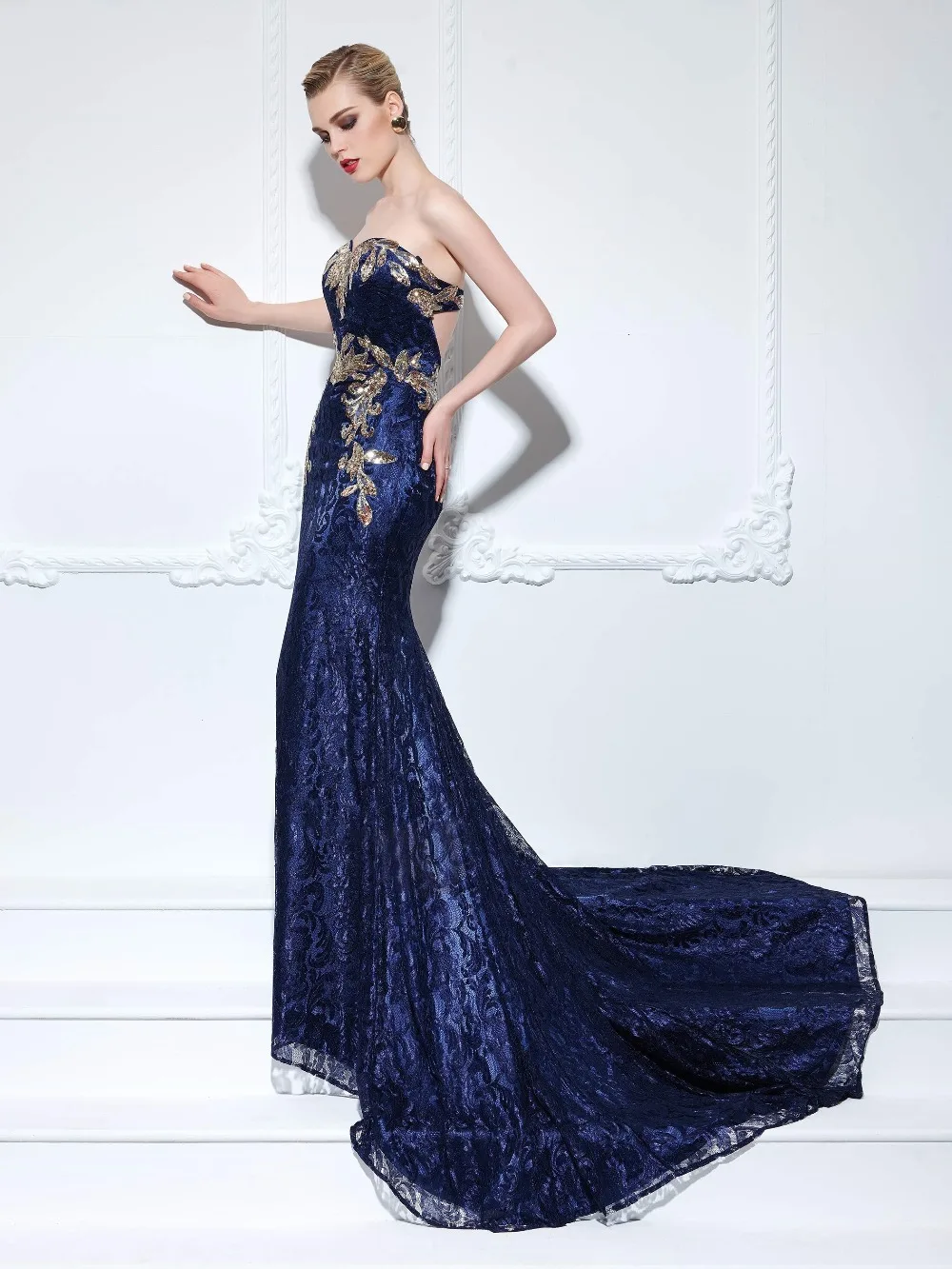Темно-Синий Русалка Вечерние Платья 2017 Люкс Кружева Аппликация Hollow Вернуться