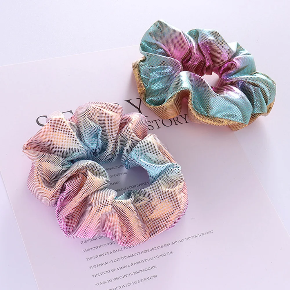 

Women Shiny Fabric Gradient color Laser Fabric Hair Scrunchies Girls Punk Style HairBands Hair Holder Gum For Hair Fashion