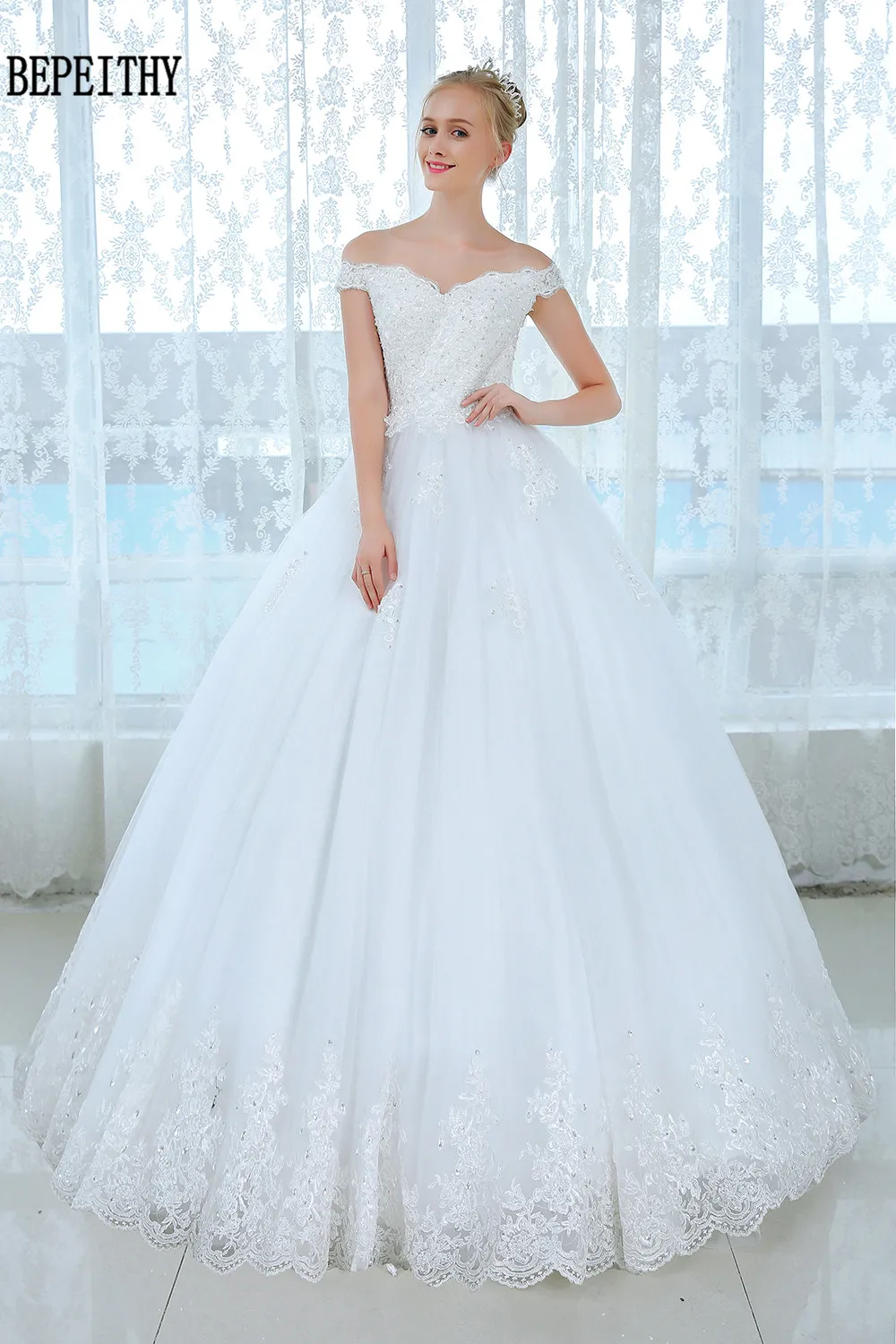 BEPEITHY Vestido de noiva кружевное Тюлевое свадебное платье с открытыми плечами Свадебные платья с аппликацией