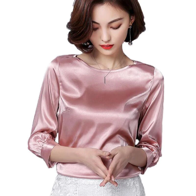 

2018 New Silk Blouse Women Tops Fashion Elegant O-neck Three Quarter Sleeve Solid Shirt Women Blouses Casual Blusas Femininas
