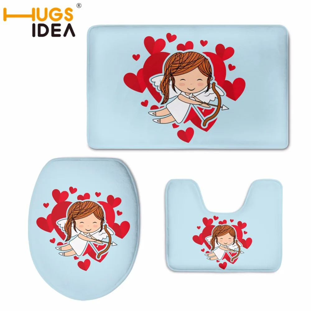 

HUGSIDEA 3pcs/set Angel Non Slip Toilet Seat Cover and Rug Bathroom Set Decor Winter Warm Polyester Anti-Slippery Toilet Mat