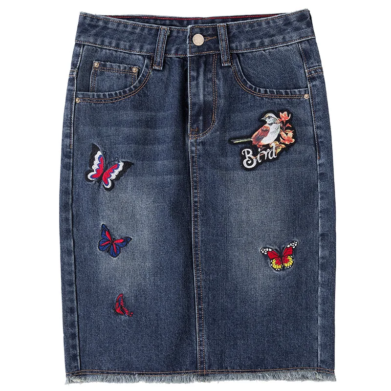 Плюс размер синяя джинсовая юбка 2017 Осенняя Новая повседневная вышитая с высокой