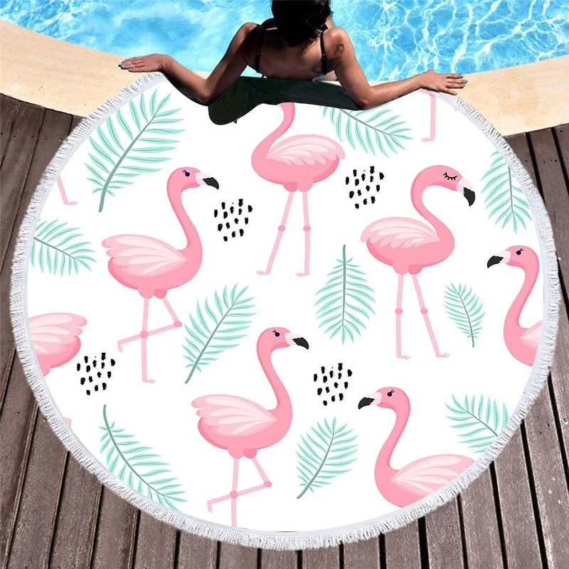 Стиль Бохо Фламинго круглые пляжные полотенца тропические листья цветы Drawstring