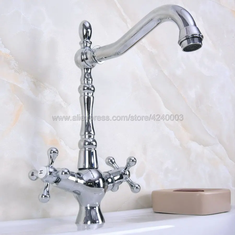 

Polished Chrome Swivel Spout Vessel Sink Faucet Kitchen Bathroom Basin Double Handle Mixer Tap Knf920