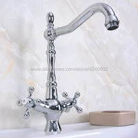 polished chrome swivel spout vessel sink faucet kitchen bathroom basin double handle mixer tap knf920
