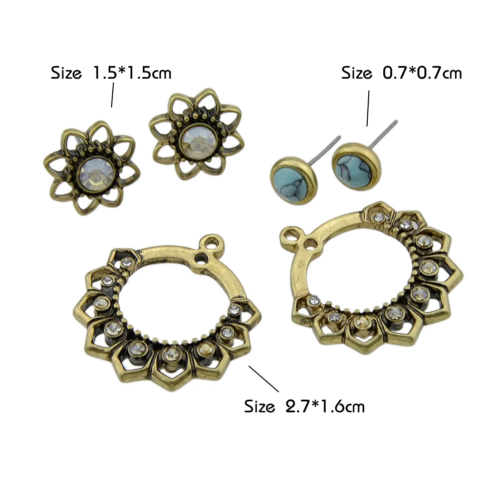 FANHUA Ethnic Boho Earrings Ear Jacket Antique Gold Color with Rhinestone and Blue Stone Flower Stud For Women | Украшения и