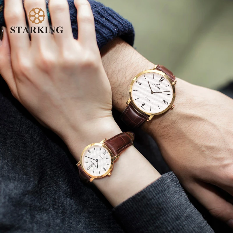 STARKING Couple Watches Ultra-Thin 6mm Man Women Quartz Wristwatch Japan Movt Sapphire Crystal Leather Belt Lover watches Clock