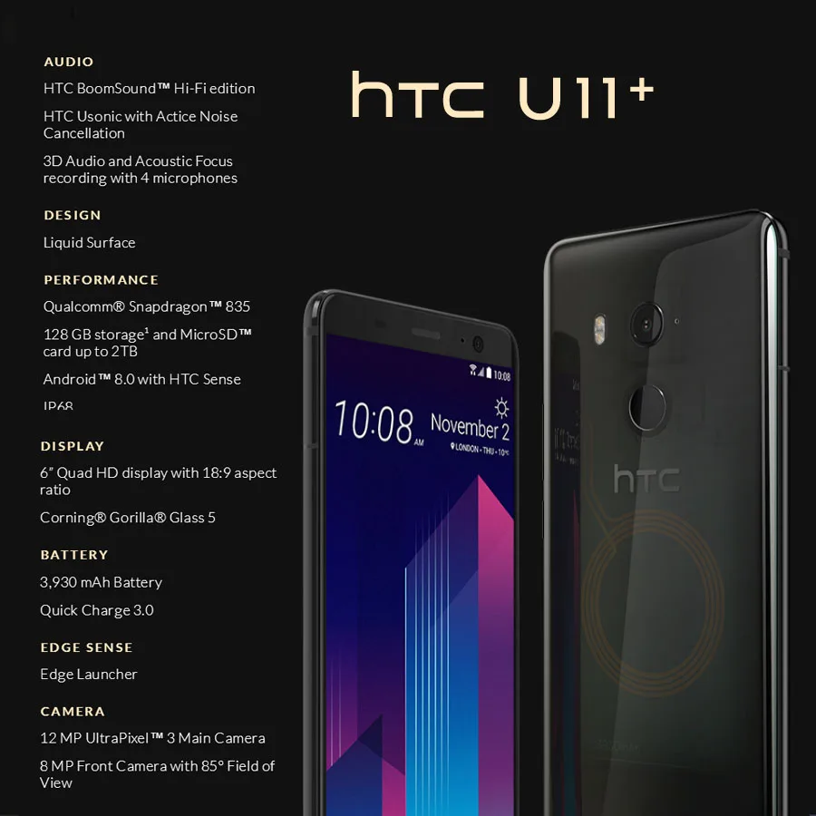 HK версия HTC U11 Plus U11+ 4G LTE мобильный телефон 6 ГБ ОЗУ 128 Гб ПЗУ 2160P Восьмиядерный 6,0 дюймов IP68 1440x2880P Android 8,0