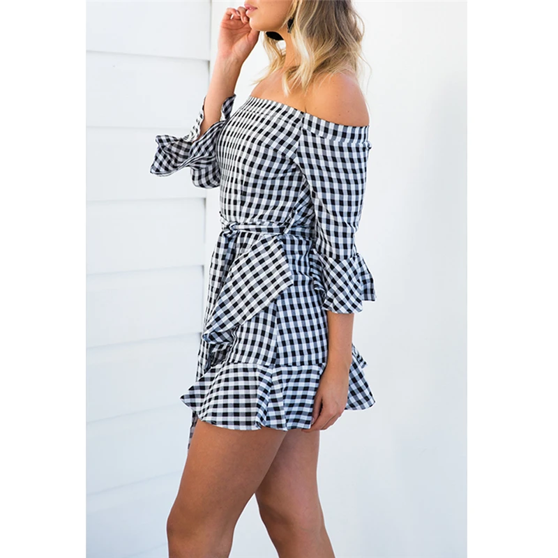 Summer Spring Half Flare Sleeves Slash Neck Sexy Women Mini Dress Plaid Ruffles High Waist Bow Trumpet Patchwork Ladies Dresses | Женская