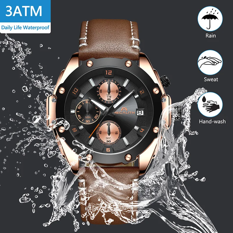 Часы MEGALITH мужские спортивные водонепроницаемые аналоговые кварцевые с кожаным