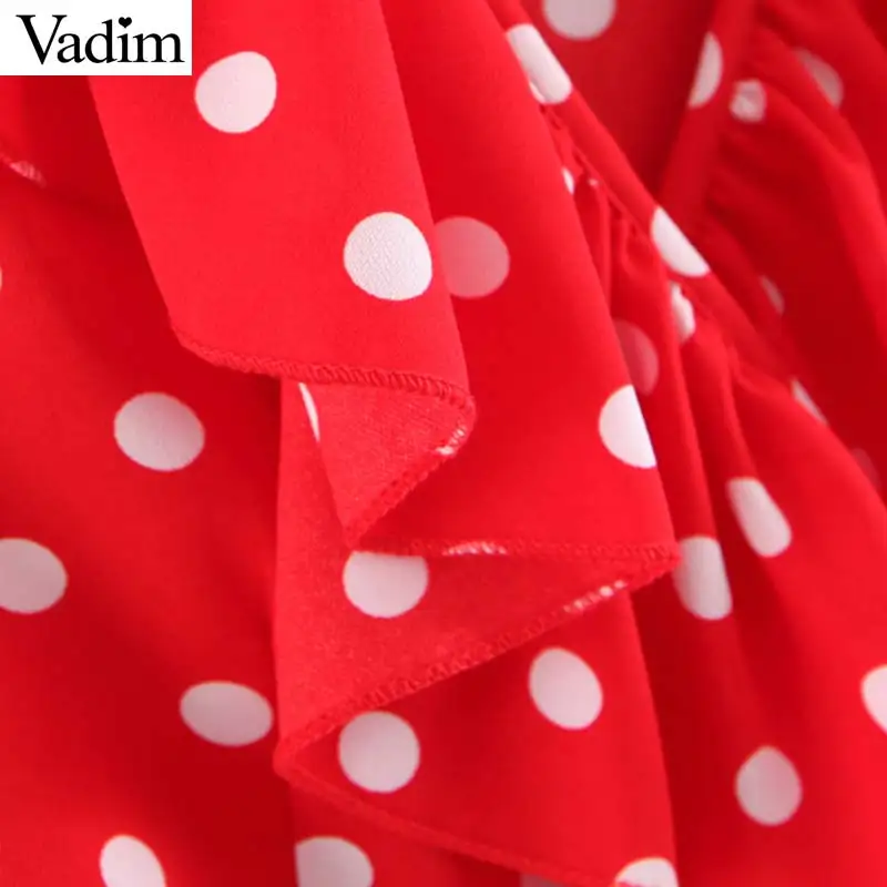 Вадим Женщины Симпатичные dot печати ruffled wrap dress Пояса V шеи крест дизайн женские