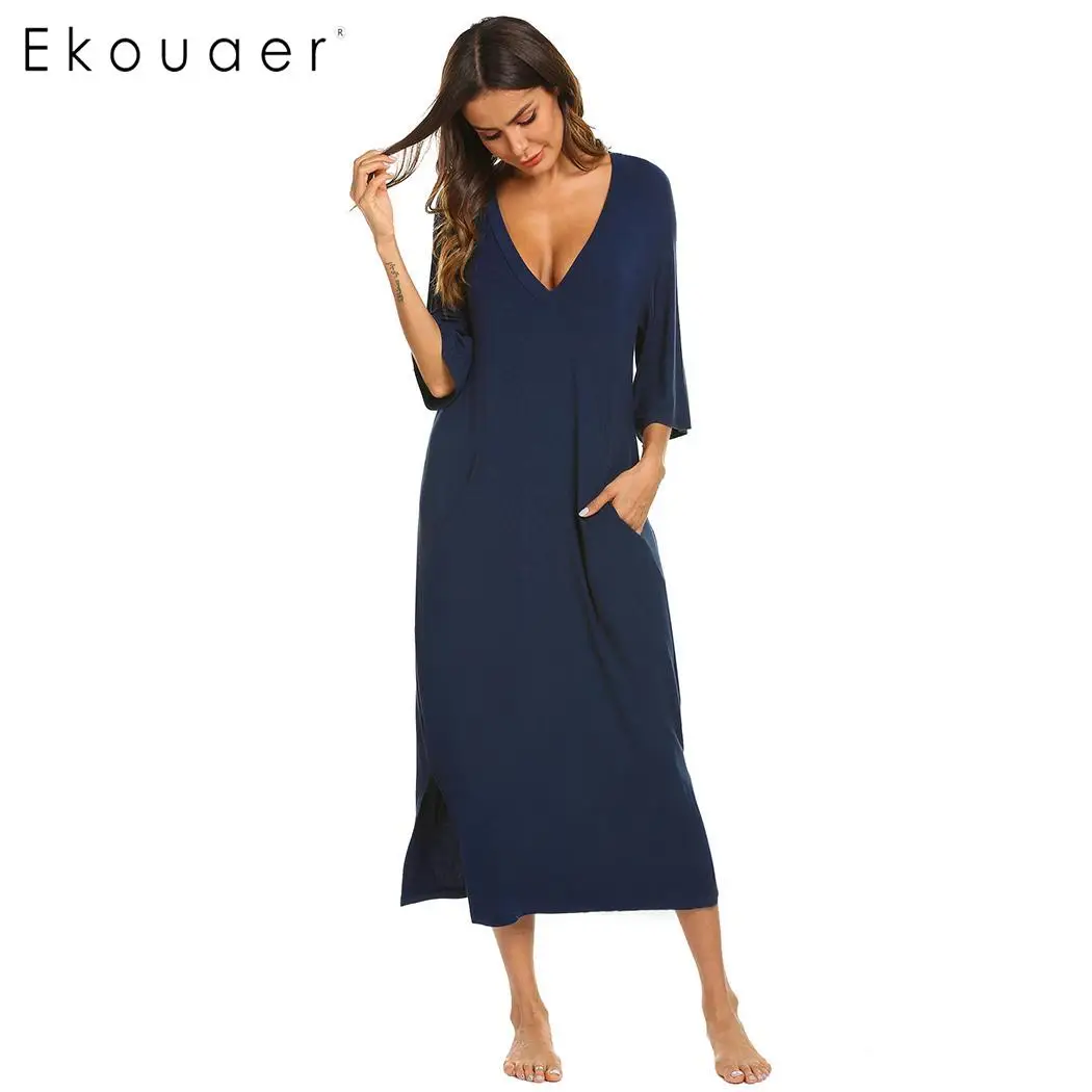Ekouaer Women Long Sleep Dress Nightdress V-Neck 3/4 Sleeve Solid Pocket Nightgown Lady Loose Sleepshirts Nightwear Plus Size | Женская
