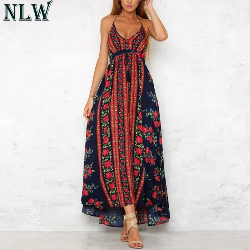 NLW Boho печати Макси платье с v-образным вырезом Холтер женское летнее длинное 2018