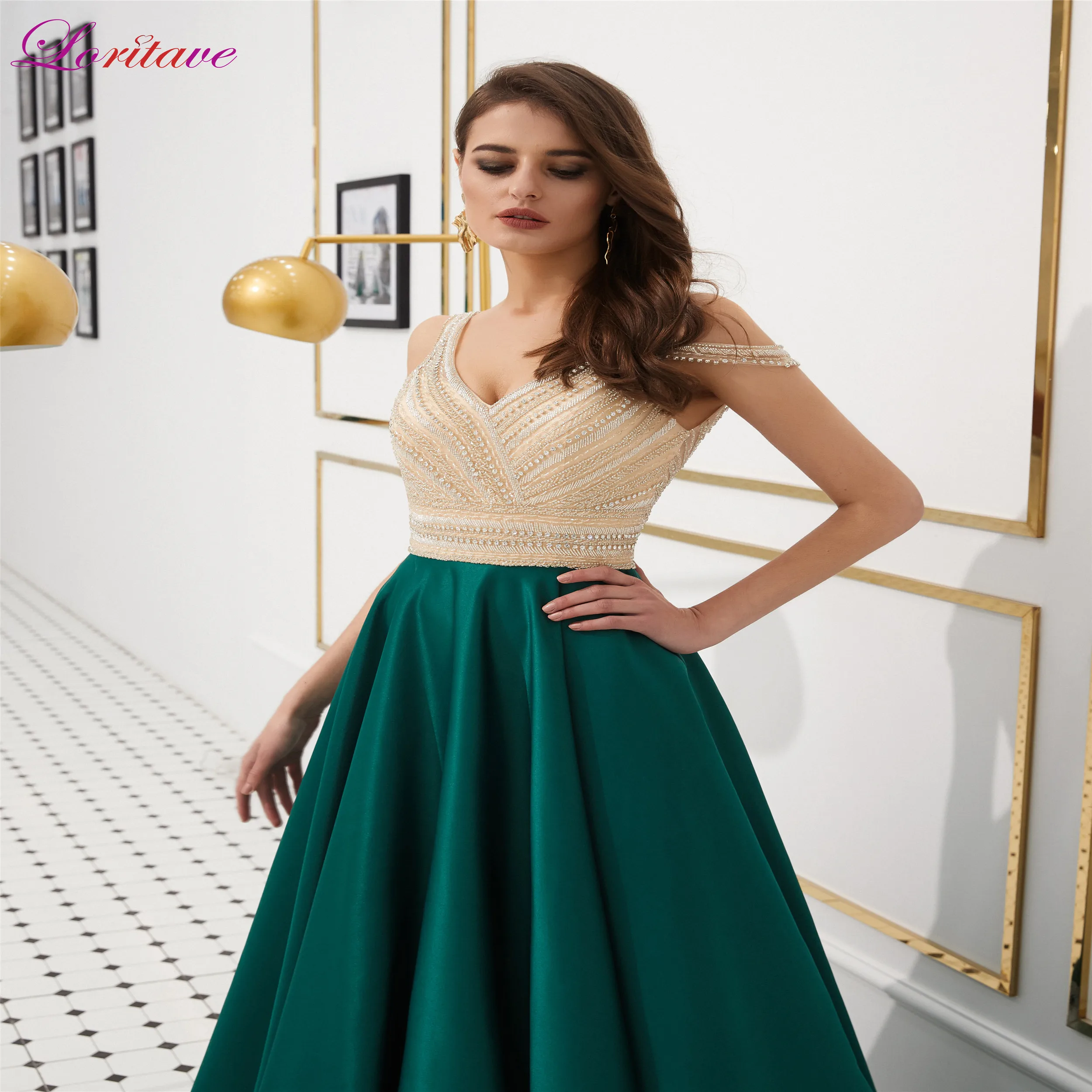 Вечернее платье длинное 2019 A Line V Шея халат украшенный бисером De Soiree мягкое из