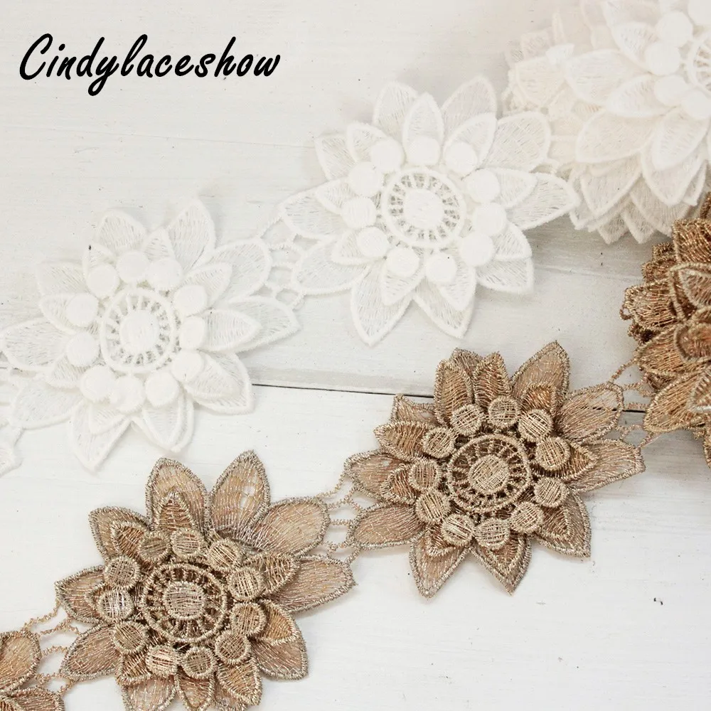 3 Layers 3D Floral Lace Trim Ribbon White Gold Embroidered Water Soluble Sew on Flowers Appliques For Clothing Dress Motifs | Дом и сад