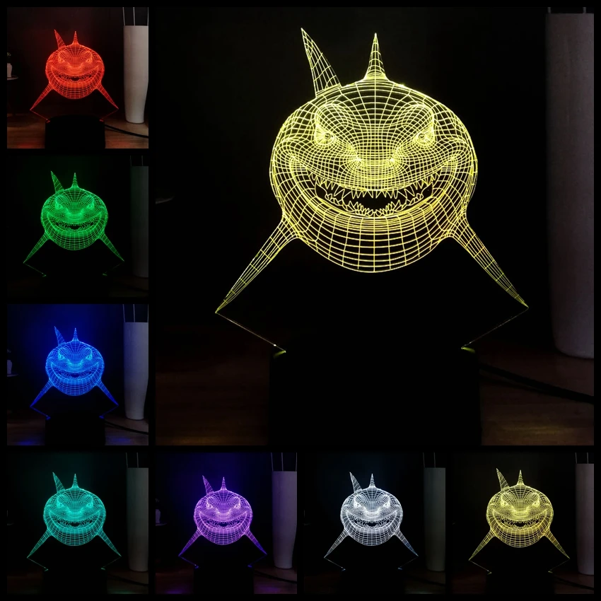 Креативный Акулья пасть животное 3D иллюзия 7 цветов Изменение RGB светодиодный