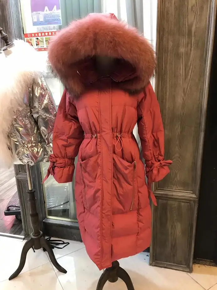 red with real fur Новое поступление, большой натуральный меховой воротник, с капюшоном, белый утиный пух, пальто для женщин, зимнее, на молнии, с отстроченными карманами, толстое, длинное, теплое, пуховое пальто - Цвет: red with real fur