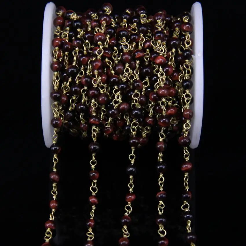 4mm Round Natural Stone Bronze Brass Wire Wrapped Chains Red Tiger eye Gems Rosary Style Bracelets Connector Jewelry | Украшения и