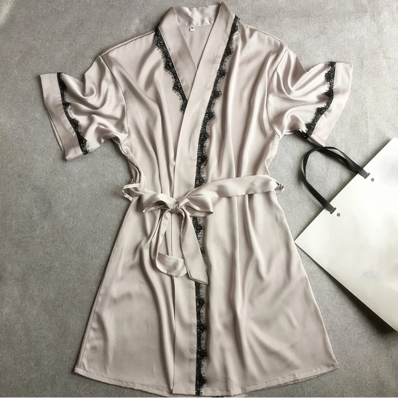 Прямая поставка женские короткий рукав халат чувствовать себя как шелк атлас