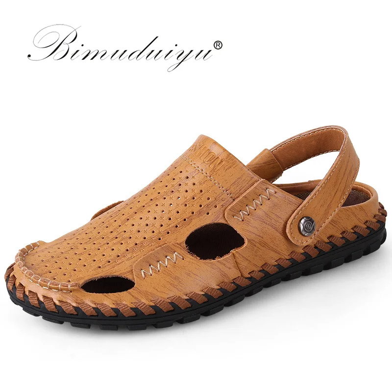 BIMUDUIYU мягкие кожаные пляжные сандалии для мужчин ручной работы с закрытым носком
