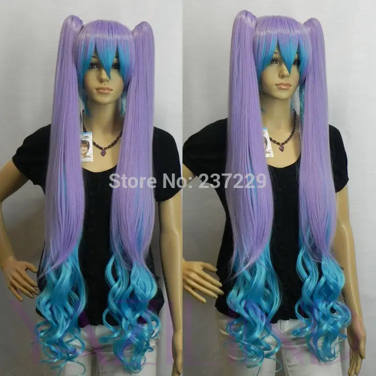 LL Wholesale price fast p&ampP*****Lolita purple blue wavy ponytail full synthetic Vocaloid Hatsune Miku wig |