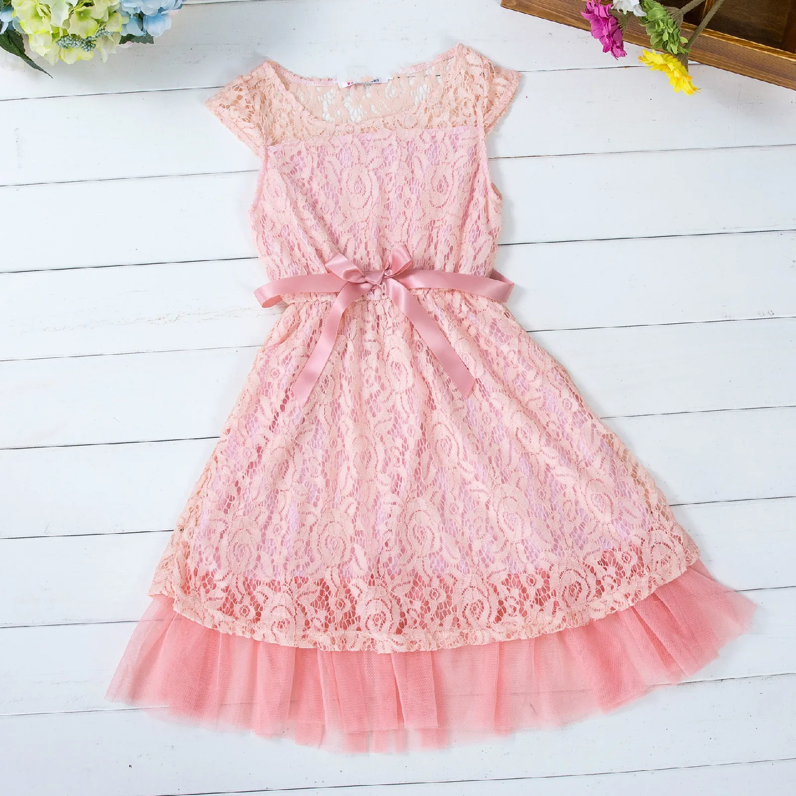 European and American Hot Sell Children Dresses Big Teenage Girls Lace Princess Bridesmaid Dress with Bow Ivory Pink 4-12years | Детская